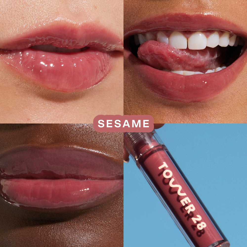 Tower 28 ShineOn Lip Jelly Milky Mauve swatch highlights translucent color and shine