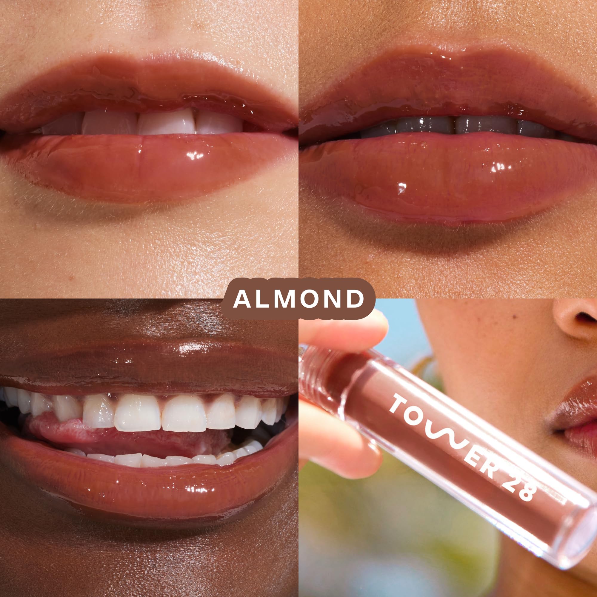 Tower 28 ShineOn Milky Lip Jelly Almond tube close-up shows creamy milky color.