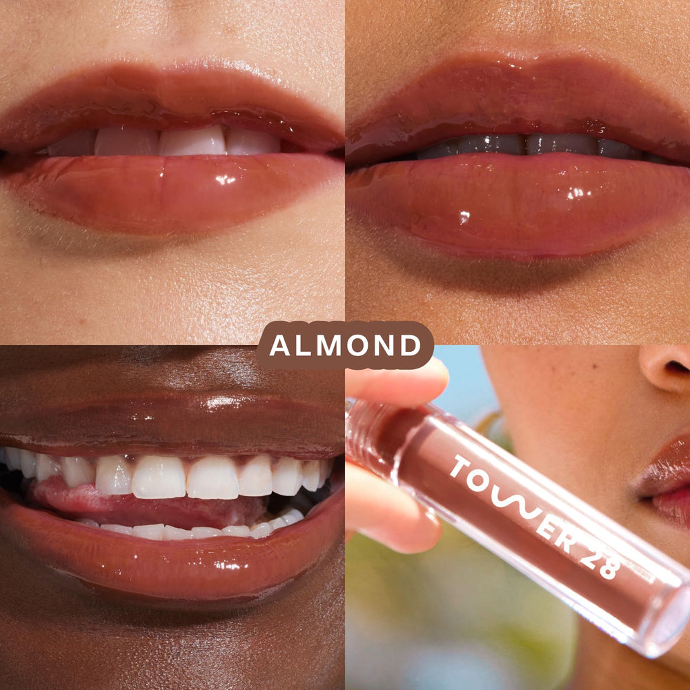 Tower 28 ShineOn Milky Lip Jelly Almond tube close-up shows creamy milky color.
