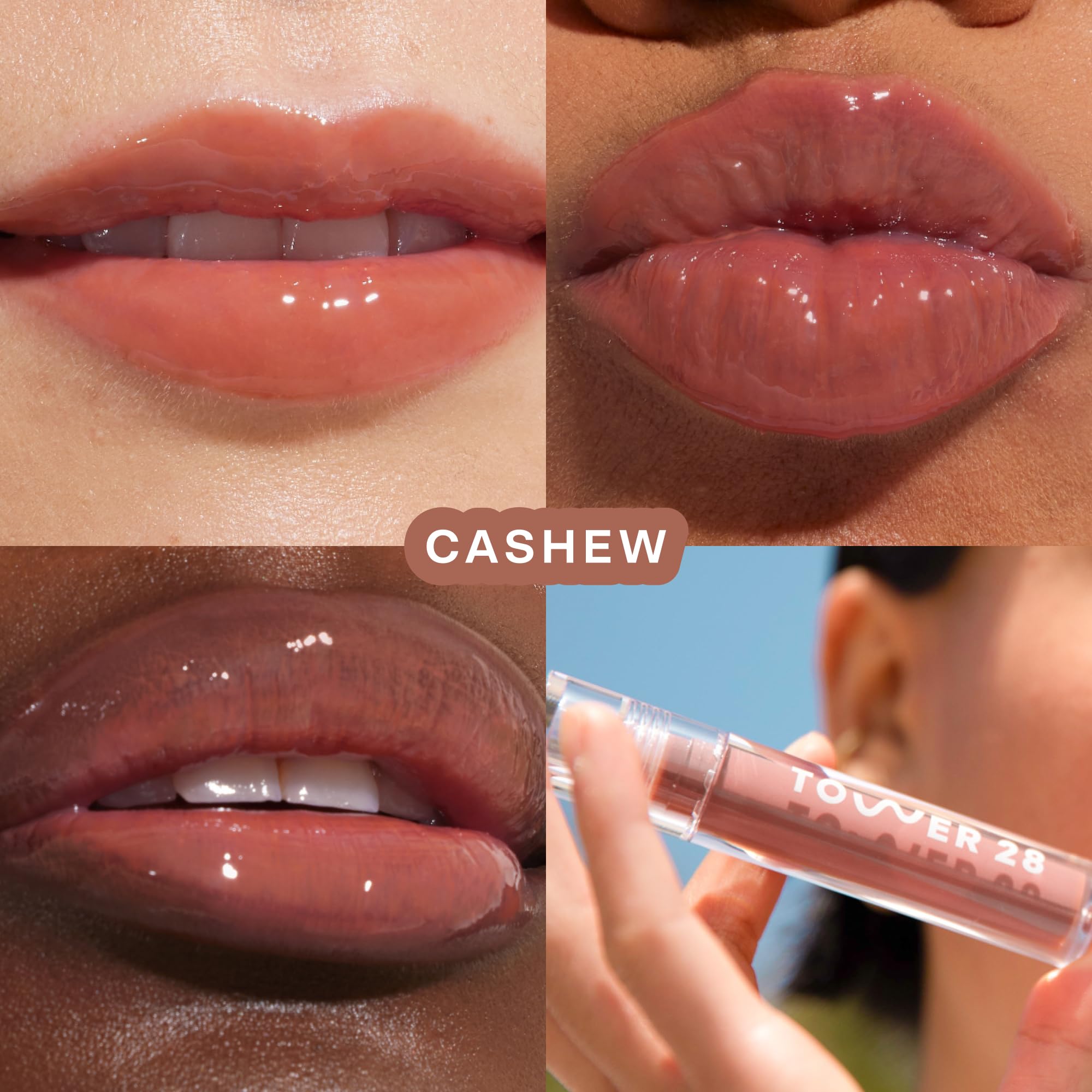Tower 28 ShineOn Milky Lip Jelly Cashew lip swatch shows creamy gloss