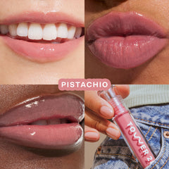 Tower 28 ShineOn Pistachio on lips for non-sticky comfortable shine