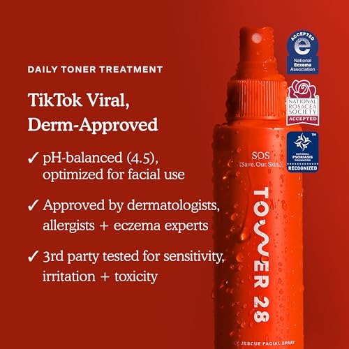 Tower 28 SOS after-cleansing-application bottle shows easy day and night routine