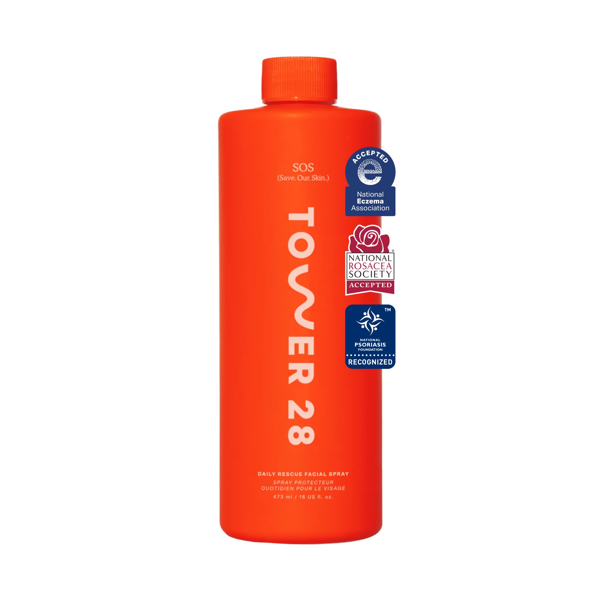 Tower 28 SOS Daily Rescue facial spray bottle for portable calming mist.