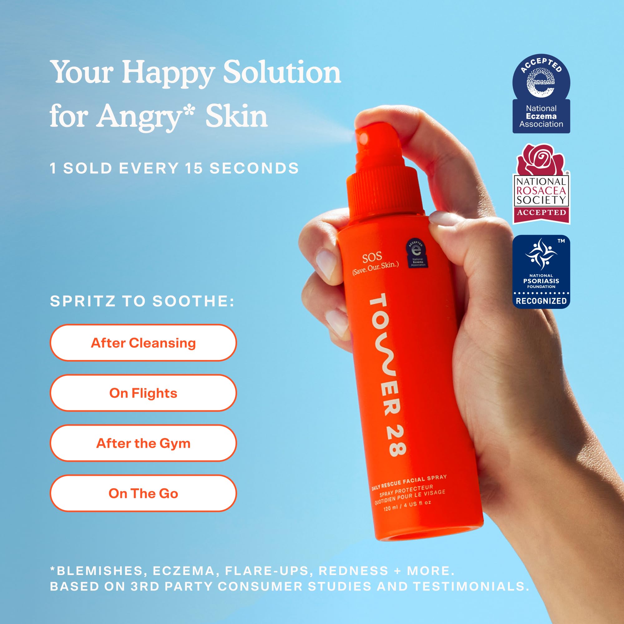 Tower 28 SOS fragrance-free mist shown in a bathroom shelf setting
