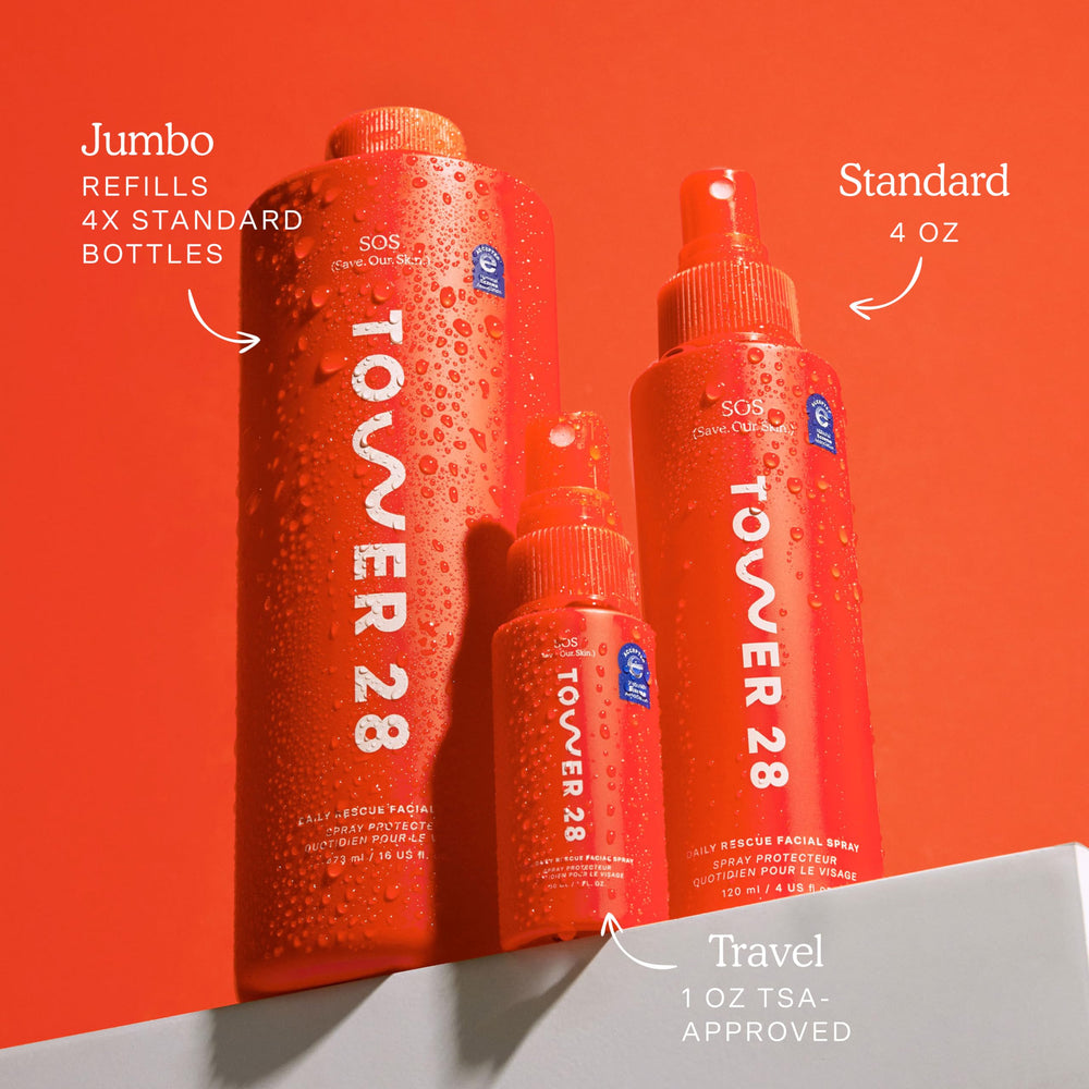 Tower 28 SOS face spray over makeup-remnant demonstrates midday refresh