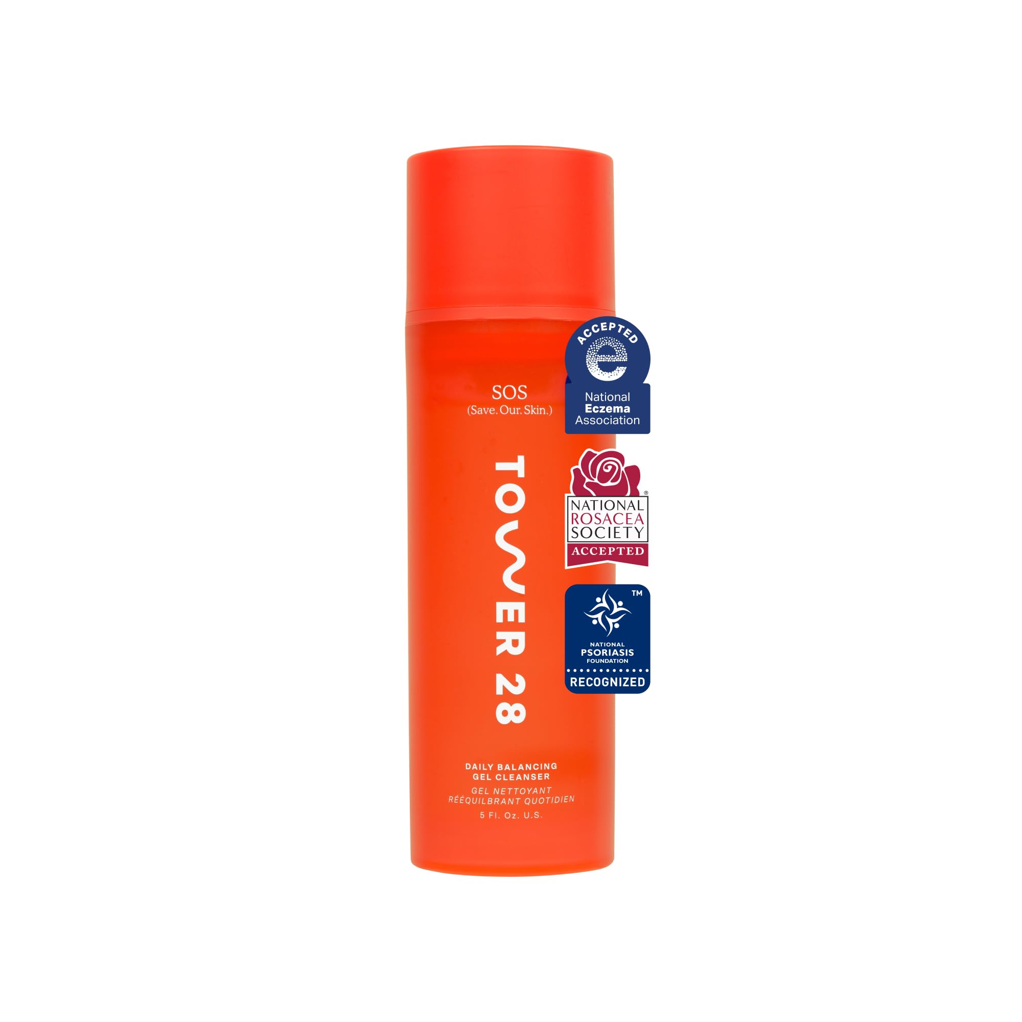 Tower 28 SOS Gel Cleanser bottle for gentle makeup removal on sensitive skin