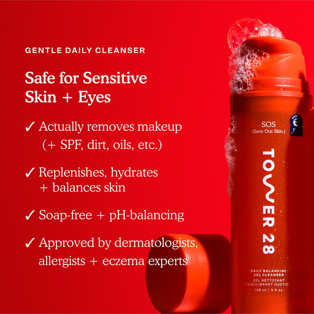 Tower 28 SOS Gel Cleanser label closeup highlighting fragrance-free formula