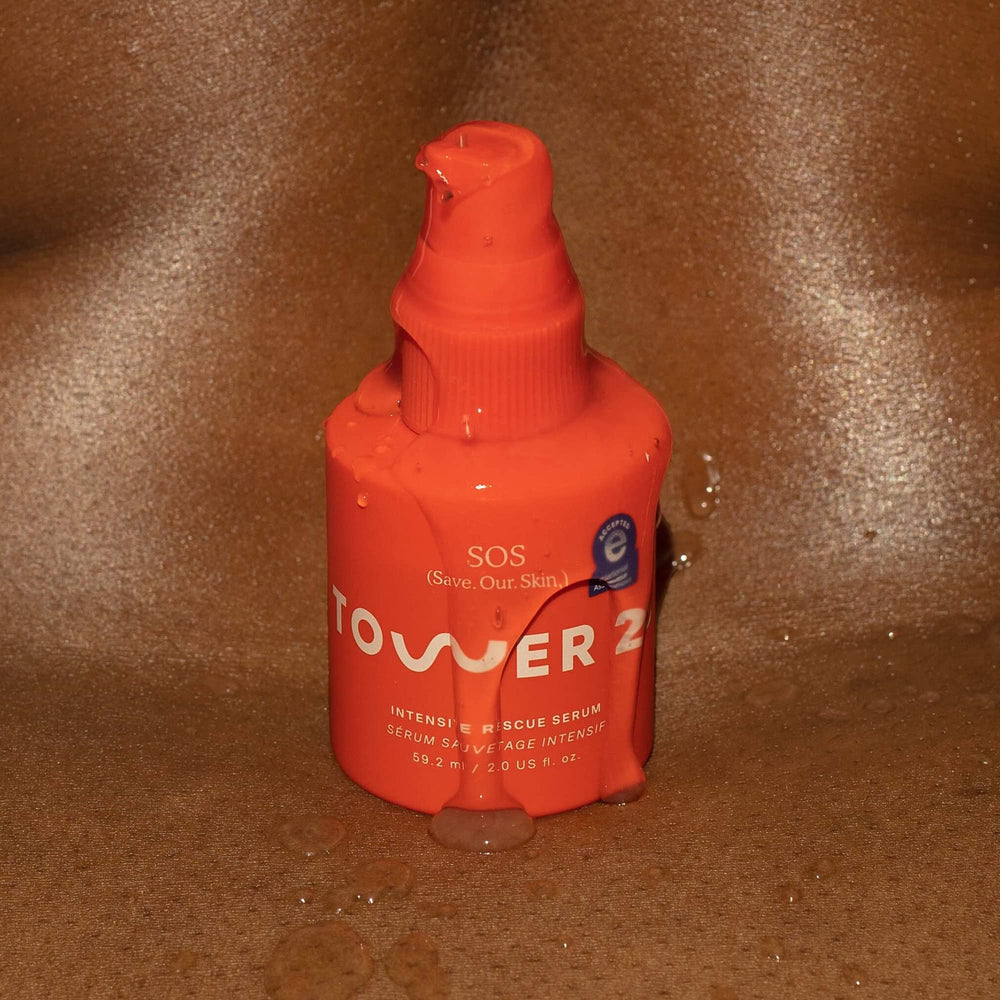 Tower 28 SOS Serum pump close-up showing easy application