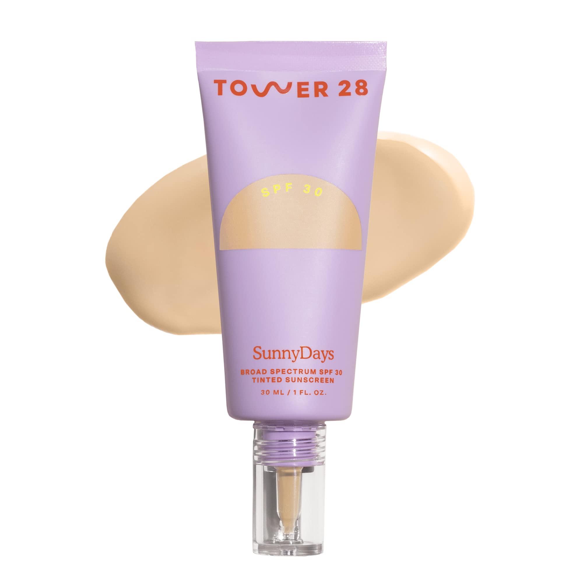 Tower 28 SunnyDays SPF 30 bottle shows tinted sunscreen for all-day sun protection