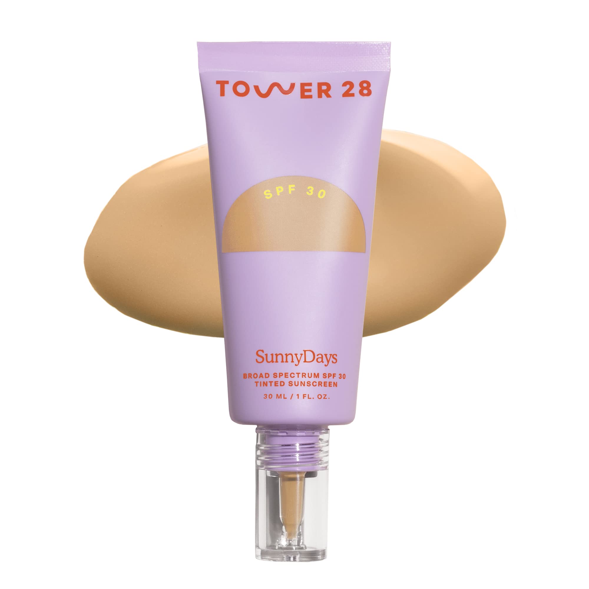 Tower 28 SunnyDays SPF 30 tinted sunscreen bottle provides non-greasy protection for sensitive skin.