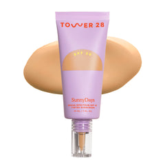 Tower 28 SunnyDays SPF 30 tinted sunscreen bottle provides non-greasy protection for sensitive skin.