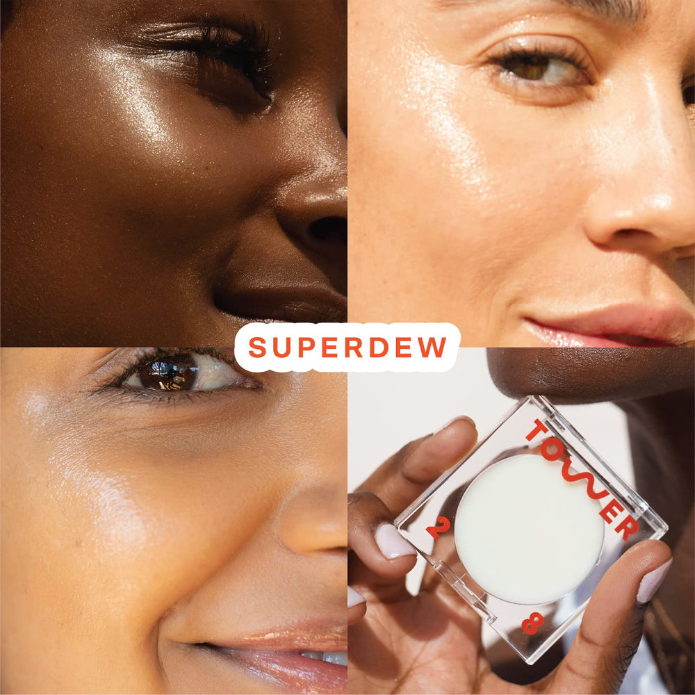 Tower 28 SuperDew balm swatch on skin shows subtle glow.