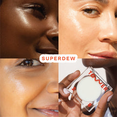 Tower 28 SuperDew balm swatch on skin shows subtle glow.
