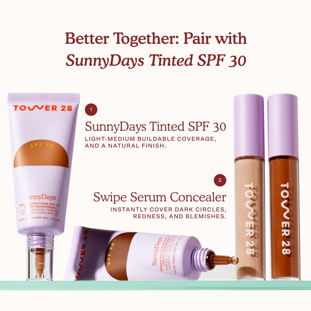 Tower 28 Swipe Serum Concealer natural glow finish enhances everyday complexion.