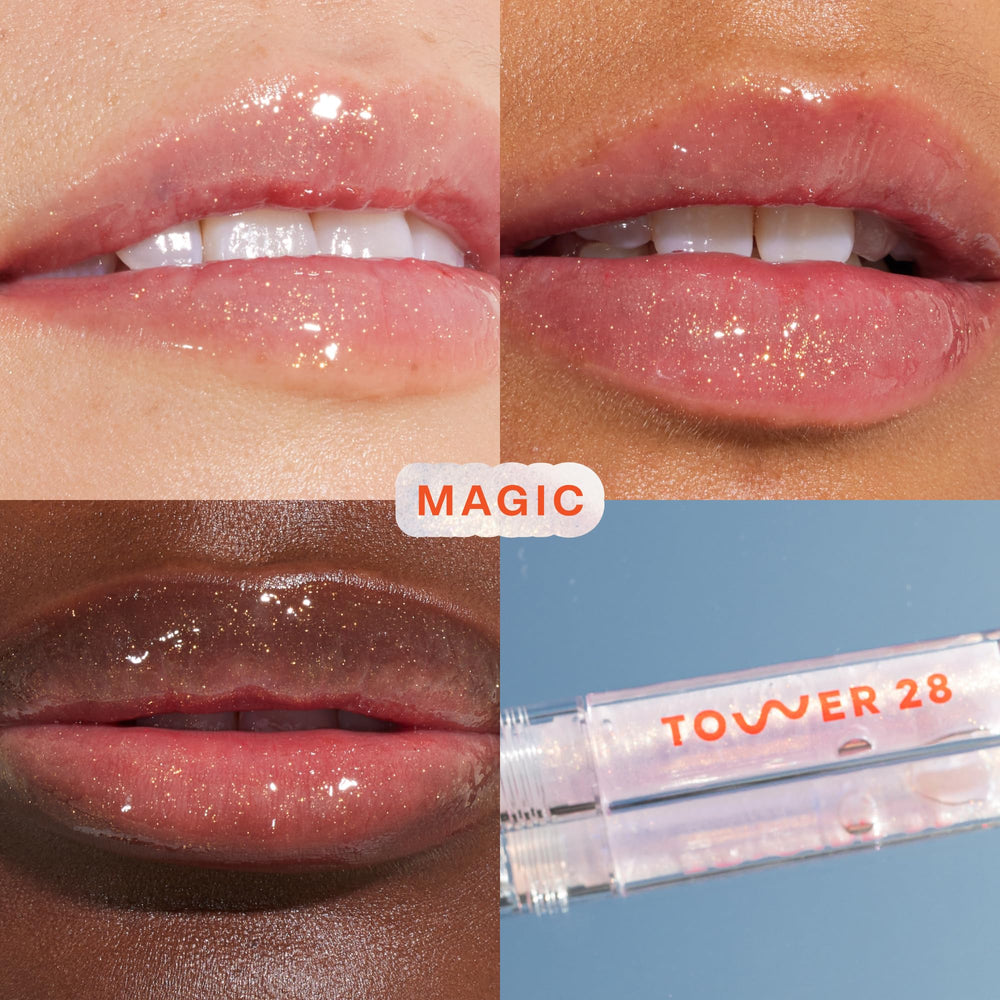 Tower 28 ShineOn Lip Jelly Magic sheer color swatch shows gold shimmer for radiant lips.