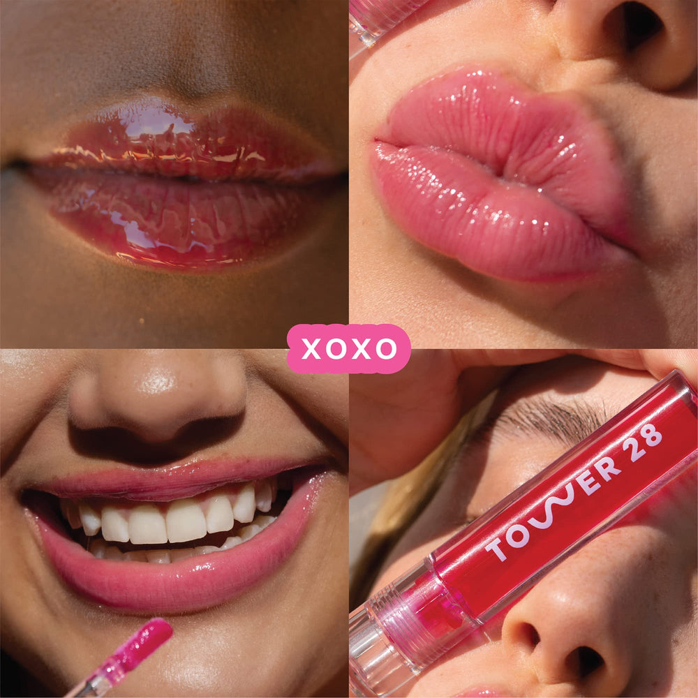 Tower 28 ShineOn Lip Jelly XOXO swatch showing milky rosy color.