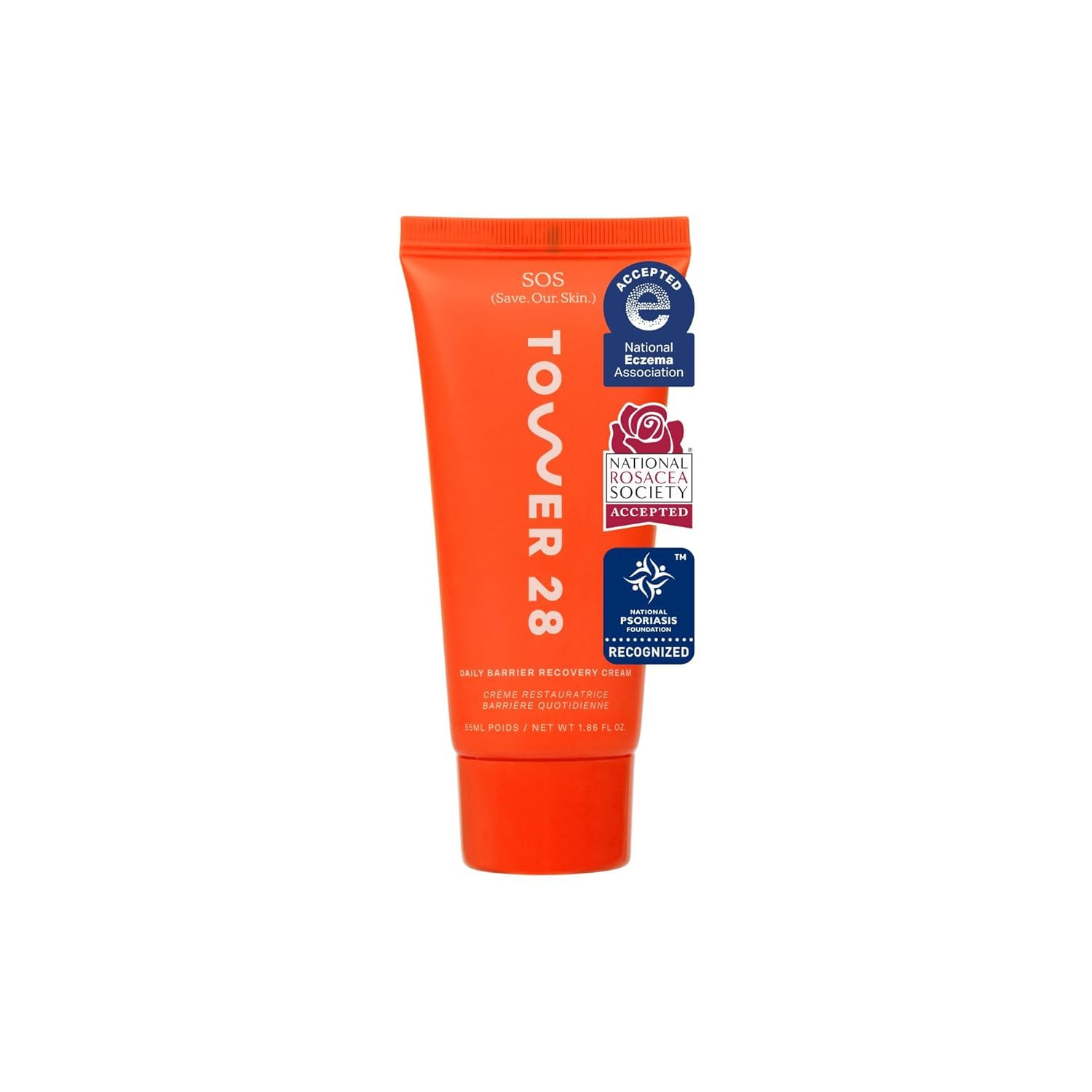Tower 28 SOS daily skin barrier cream label promotes barrier protection.