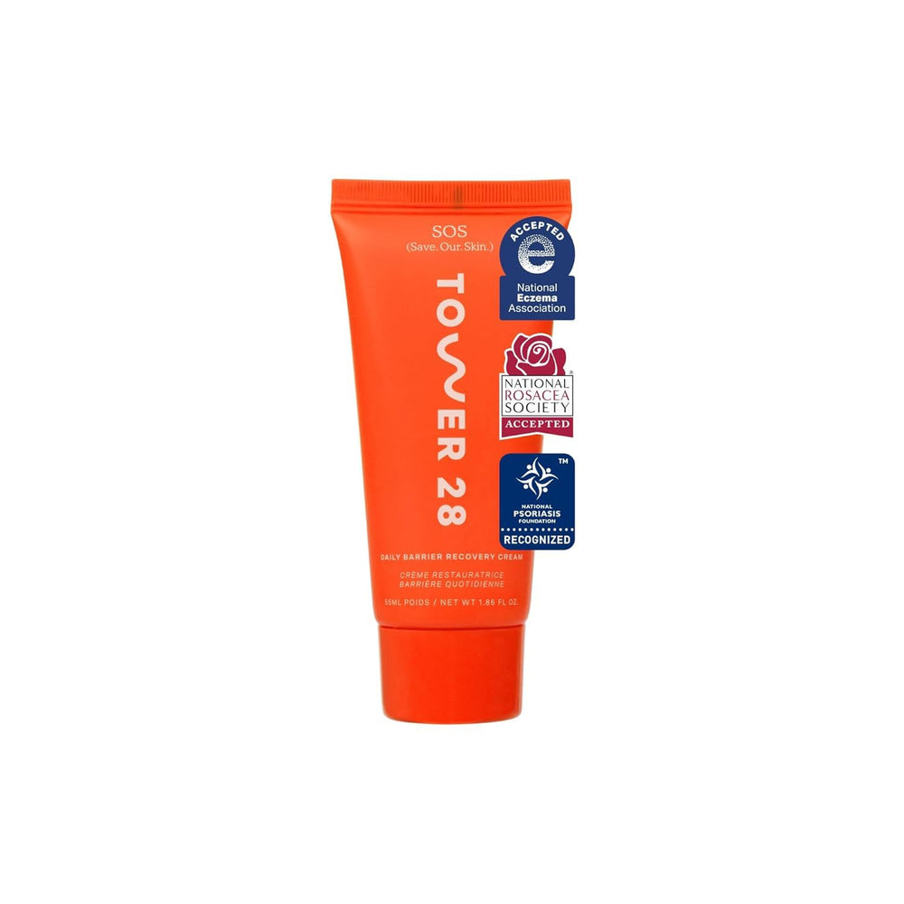 Tower 28 SOS daily skin barrier cream label promotes barrier protection.
