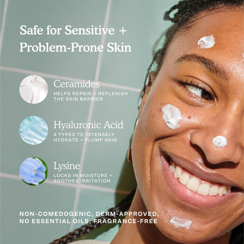 Tower 28 SOS cream on hand illustrating soothing barrier care.