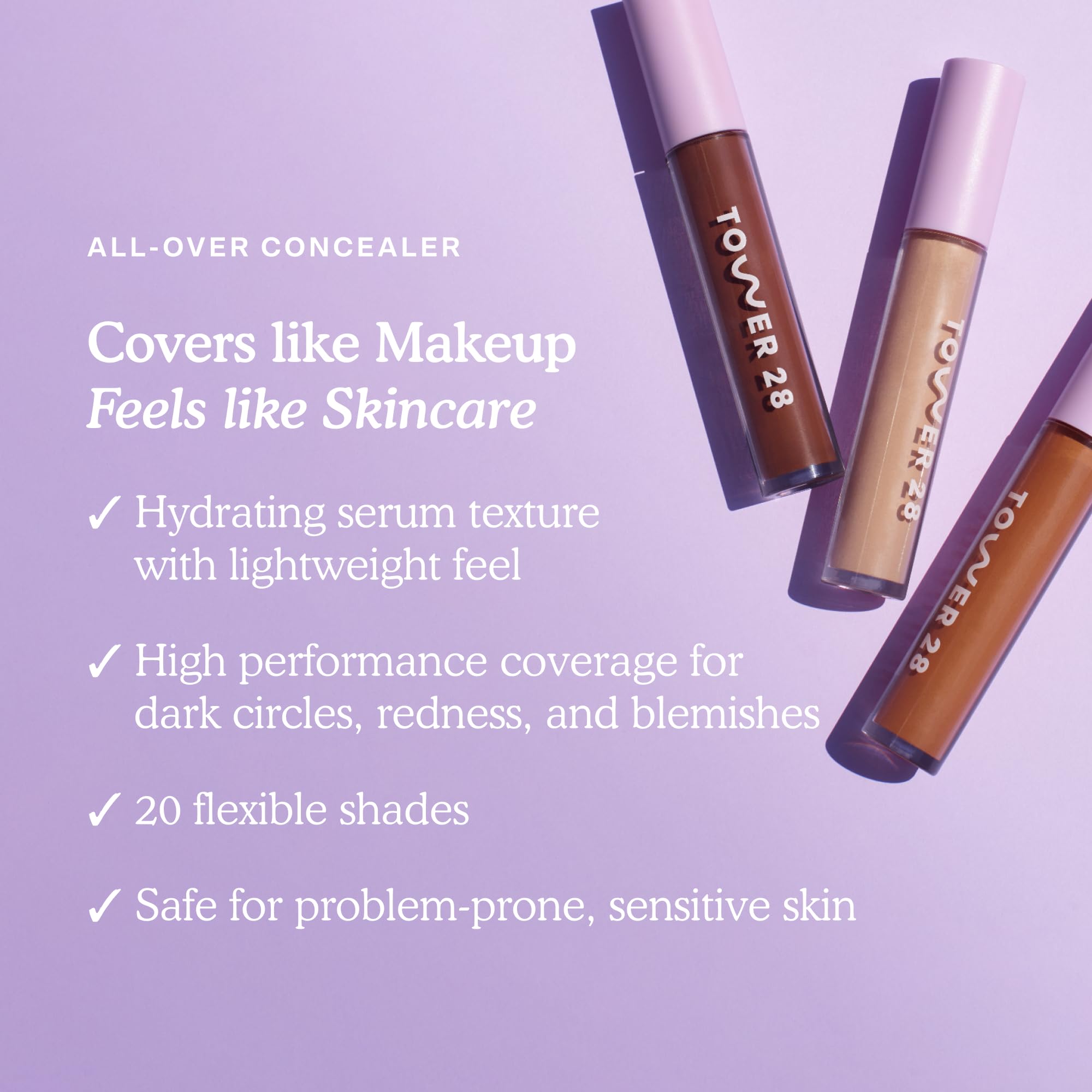 Tower 28 Swipe Serum Concealer sensitive skin benefits with fragrance-free, dermatologist-tested formula.