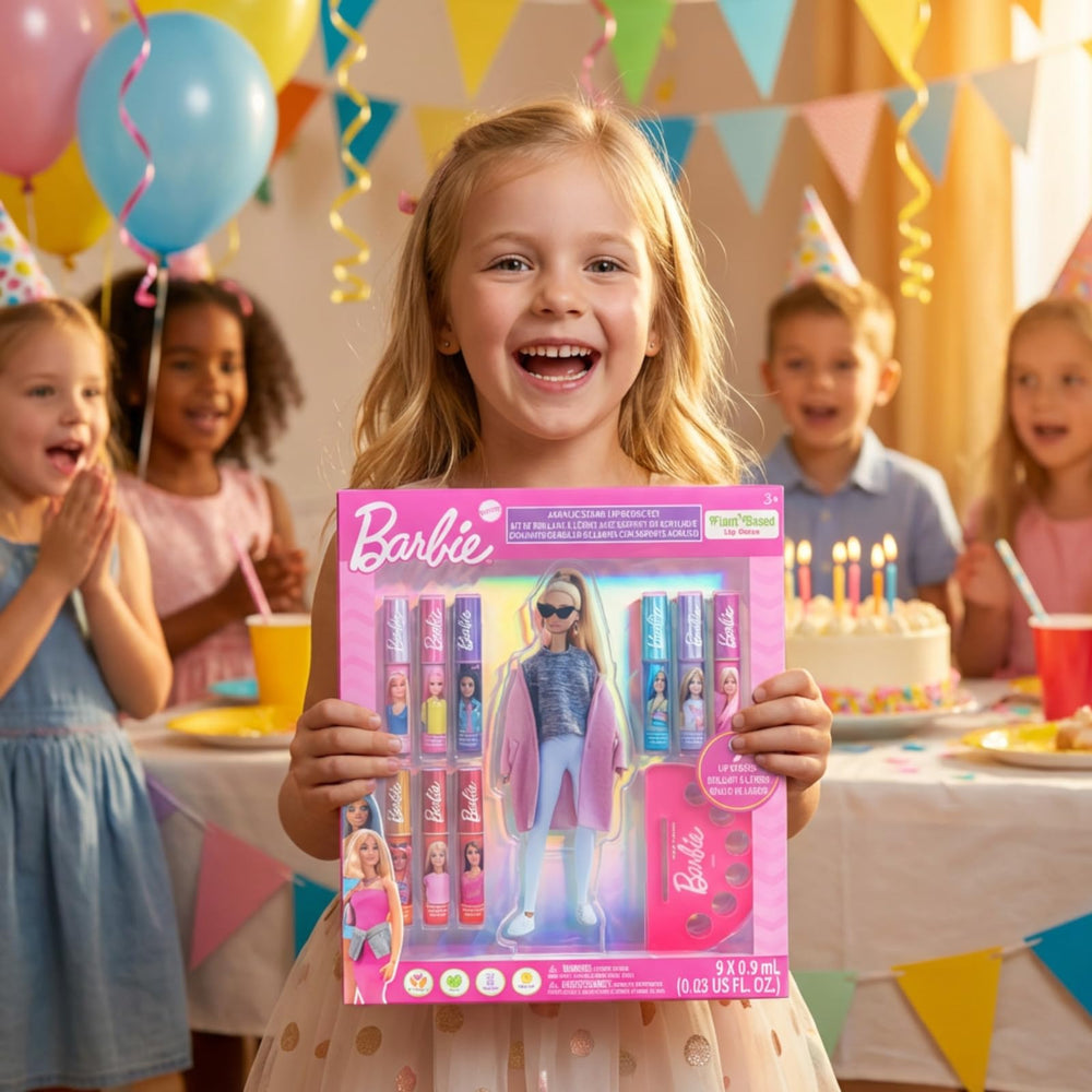 Townley Girl Barbie brillo labial sabor durazno, tono cálido para looks juguetones.