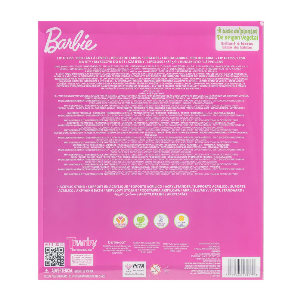 Townley Girl Barbie brillo labial sabor frambuesa, aroma agradable para momentos de juego.