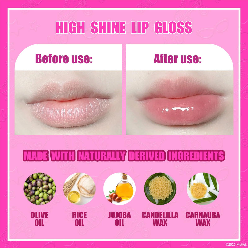 Townley Girl Barbie brillo labial sabor uva, color vibrante para disfraces y fiestas.