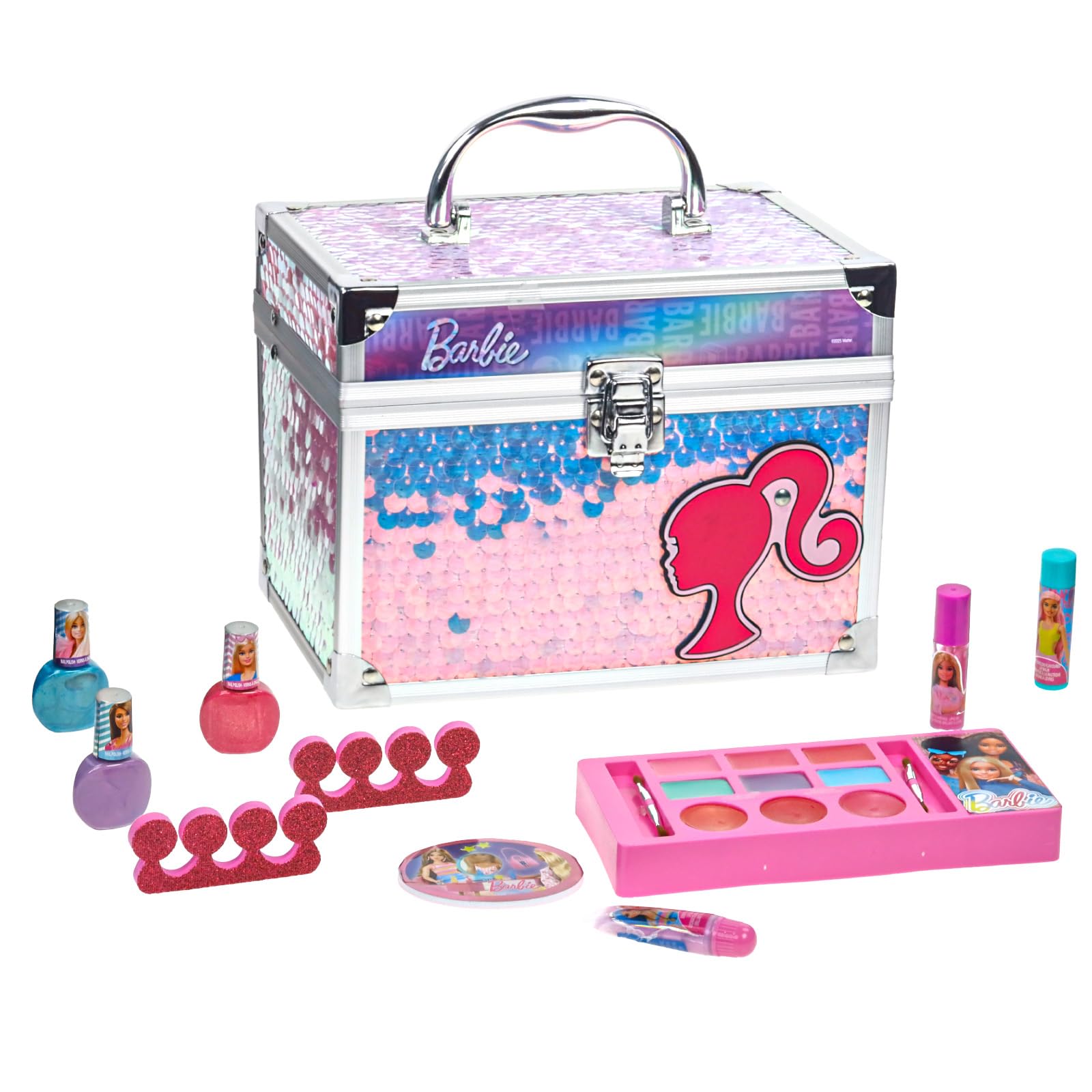 Townley Girl Barbie Train Case front view, portable makeup kit for creative playtime and storage.