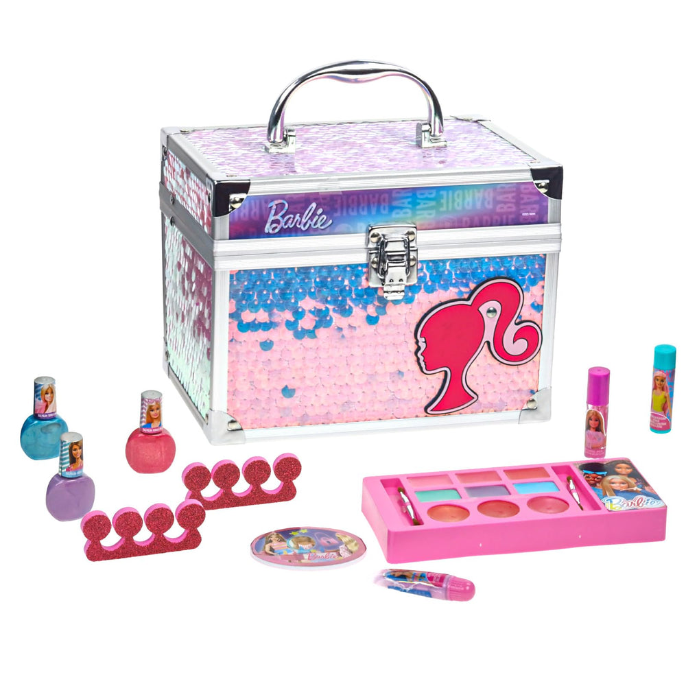 Townley Girl Barbie Train Case front view, portable makeup kit for creative playtime and storage.