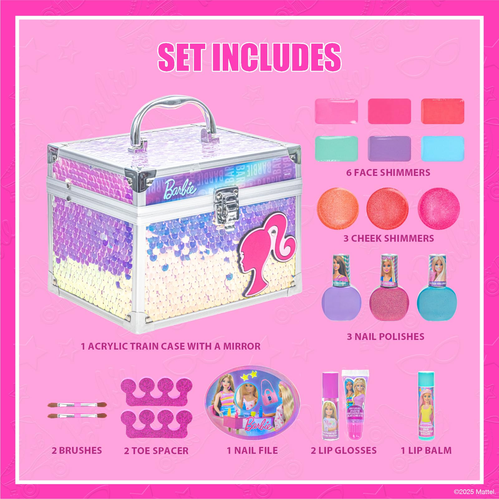 Townley Girl Barbie Train Case open inside showcases included polishes and brushes for pretend spa sessions.