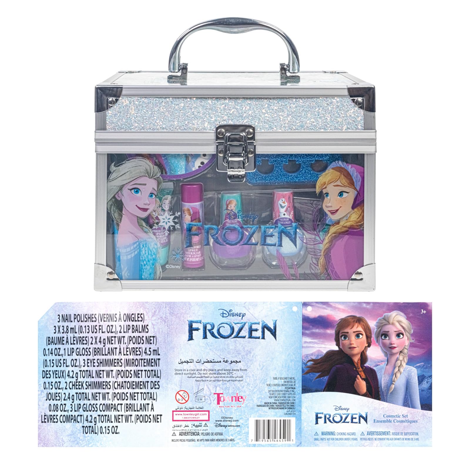 Townley Girl Disney Frozen train case inside view showing included brushes and shimmers
