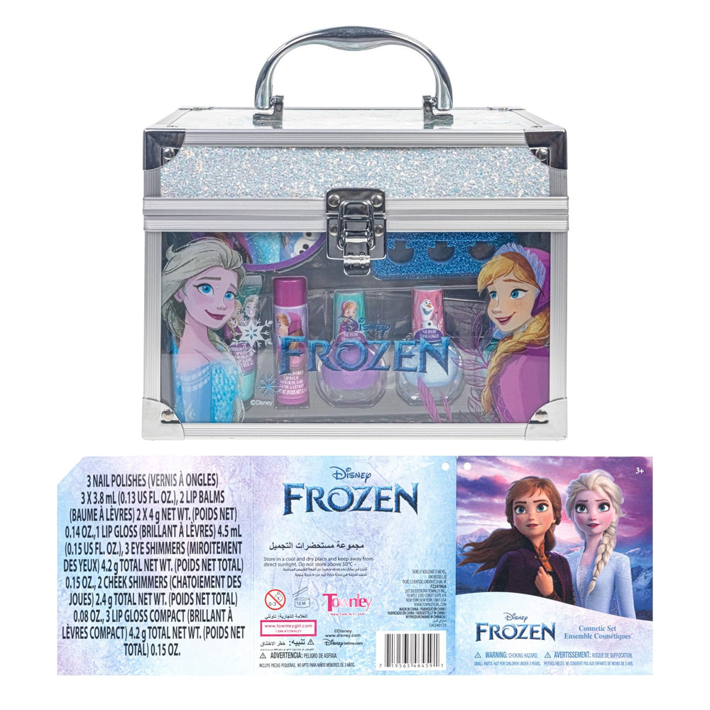 Townley Girl Disney Frozen train case inside view showing included brushes and shimmers