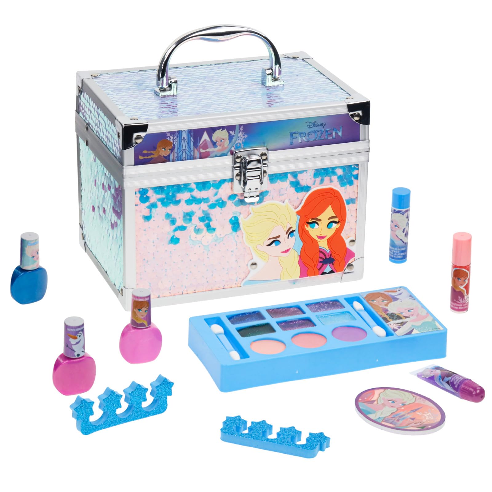 Townley Girl Disney Frozen train case open for imaginative play and easy makeup access