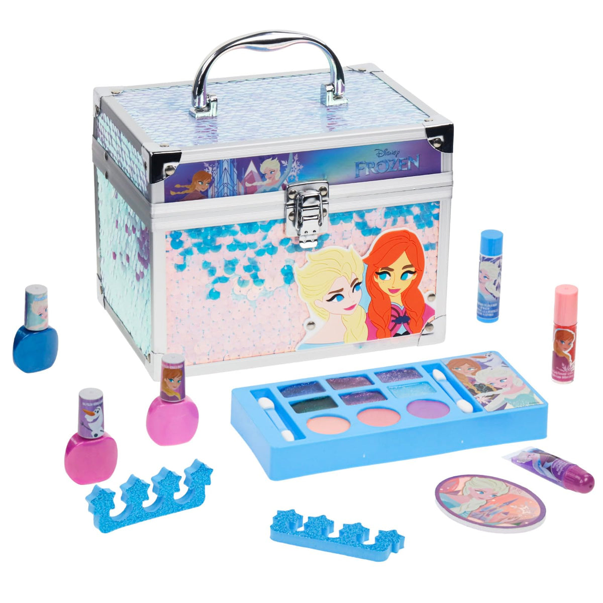 Townley Girl Disney Frozen train case open for imaginative play and easy makeup access