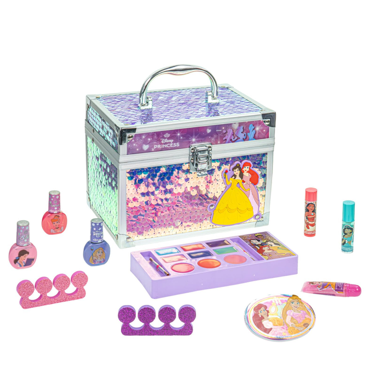 Townley Girl Disney Princess Train Case front view showing compact vanity for kids' makeup play
