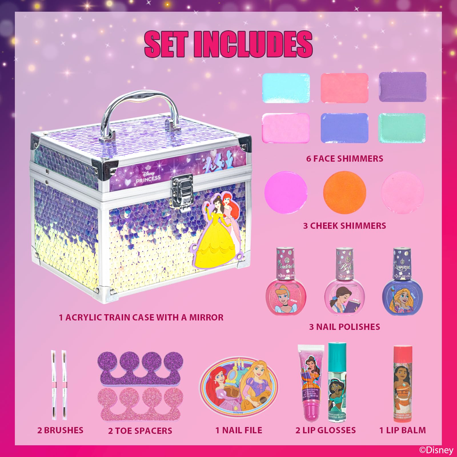 Townley Girl Disney Princess Train Case open lid, easy access to brushes and polishes
