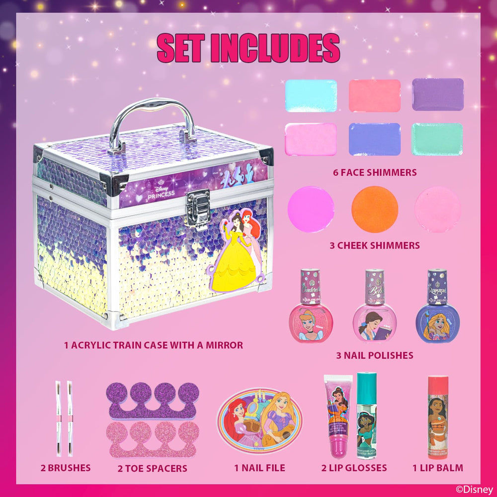 Townley Girl Disney Princess Train Case open lid, easy access to brushes and polishes