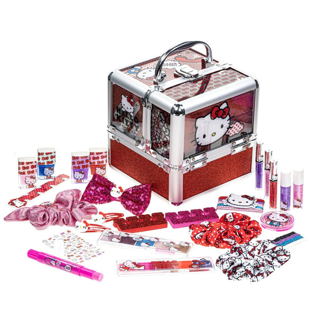Townley Girl Hello Kitty train case open shows organized makeup storage for pretend play.