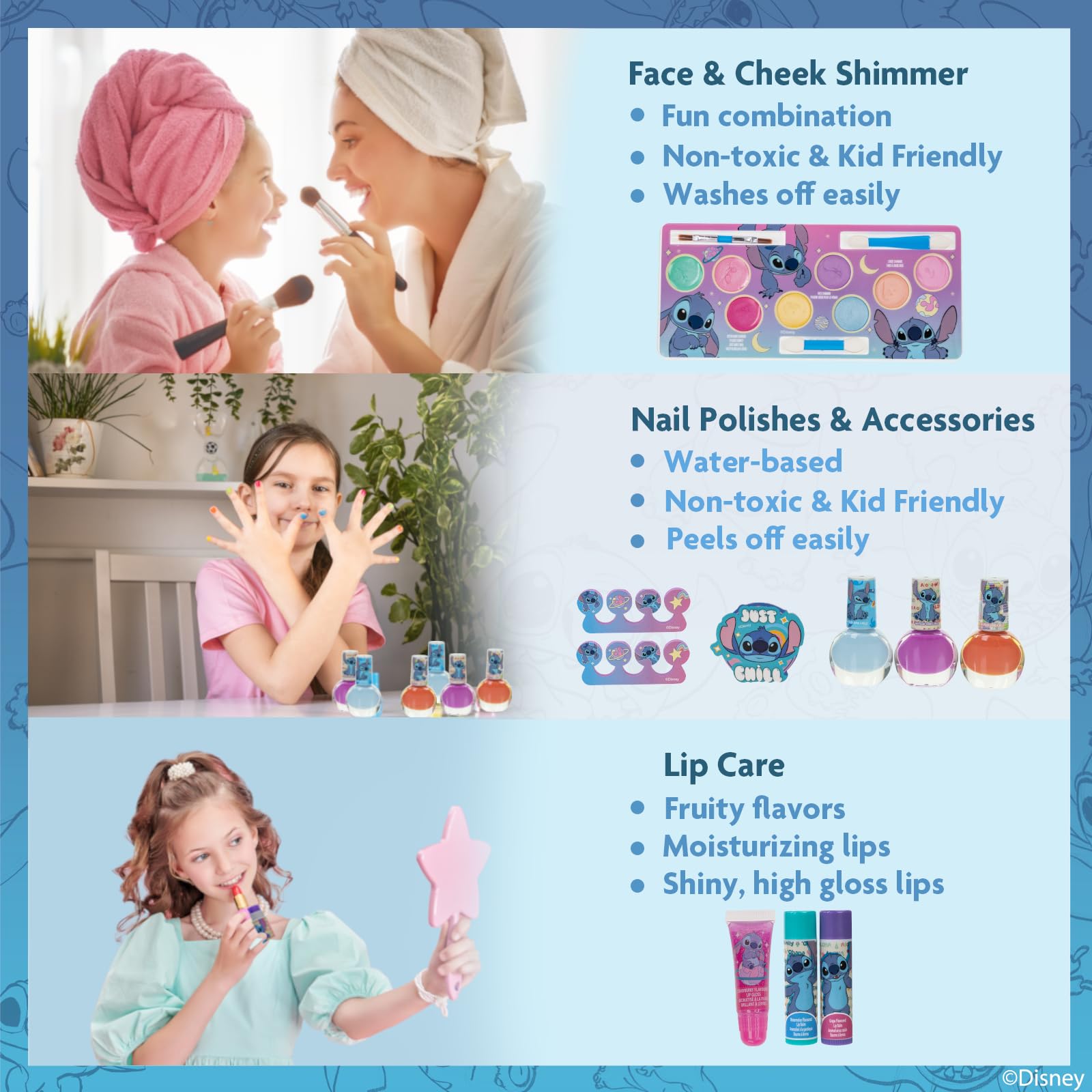 Townley Girl Stitch Train Case nail polishes in glittery shades for pretend manicures