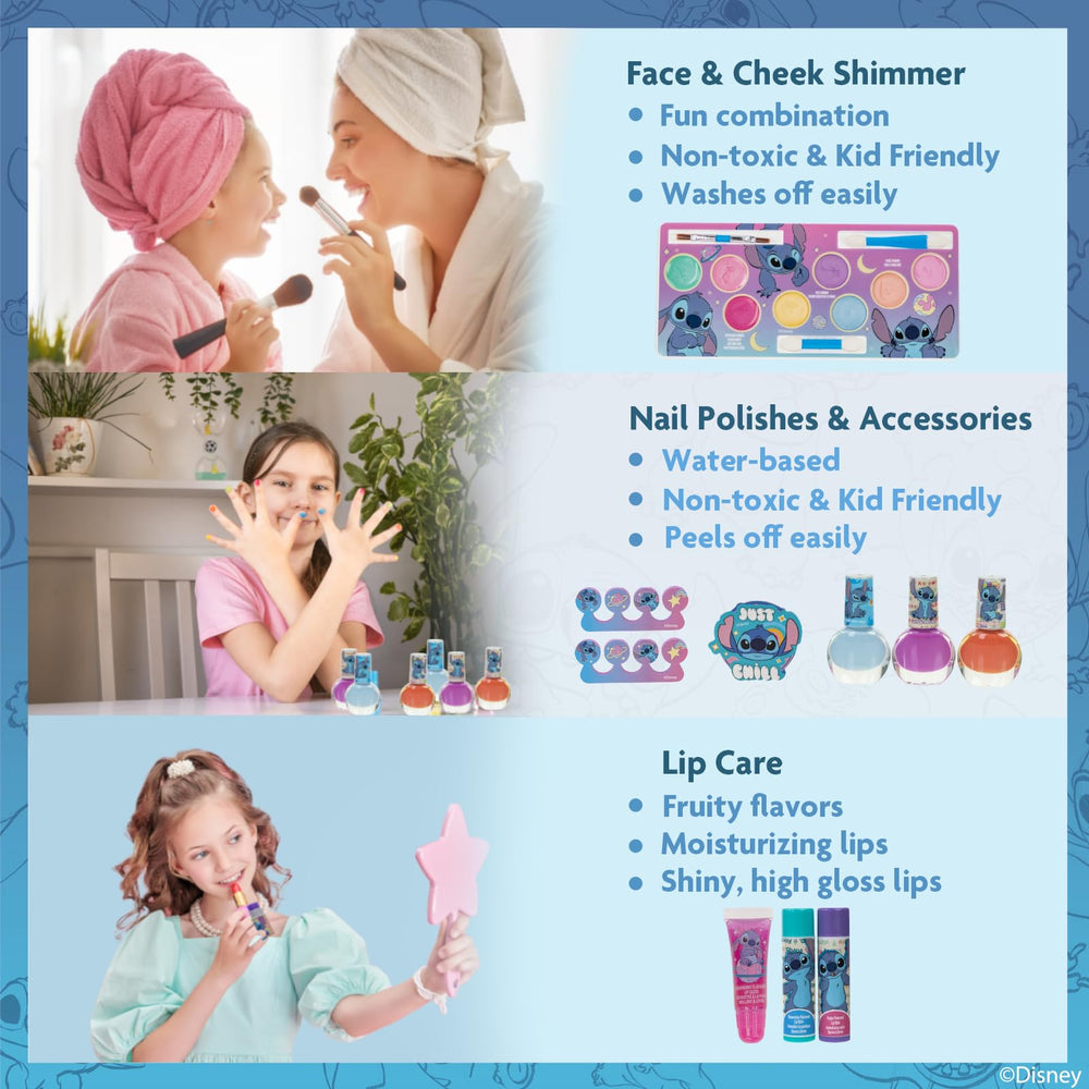 Townley Girl Stitch Train Case nail polishes in glittery shades for pretend manicures