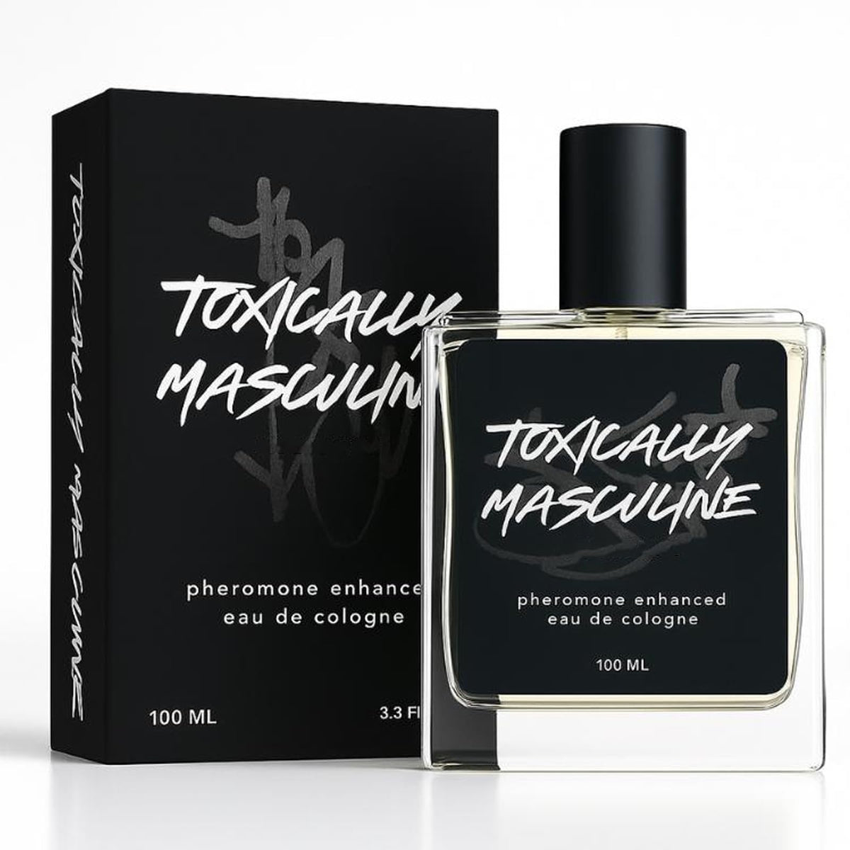 Toxically Masculine bottle front promotes confident daily presence.