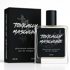 Toxically Masculine bottle front promotes confident daily presence.