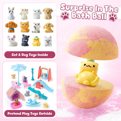 Toylink bath bombs with dog toy inside reveal a playful surprise.