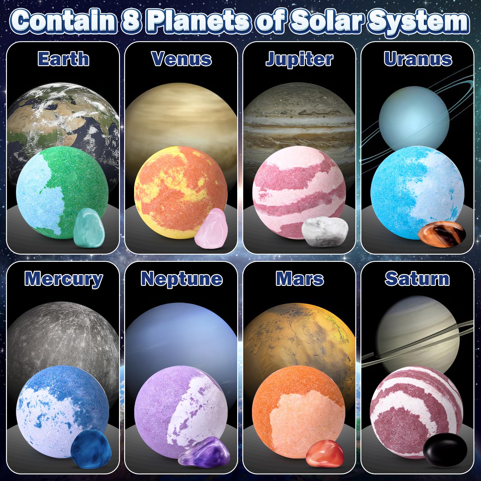 Toylink Galaxy Bath Bombs eight scents provide a sensory bath experience.