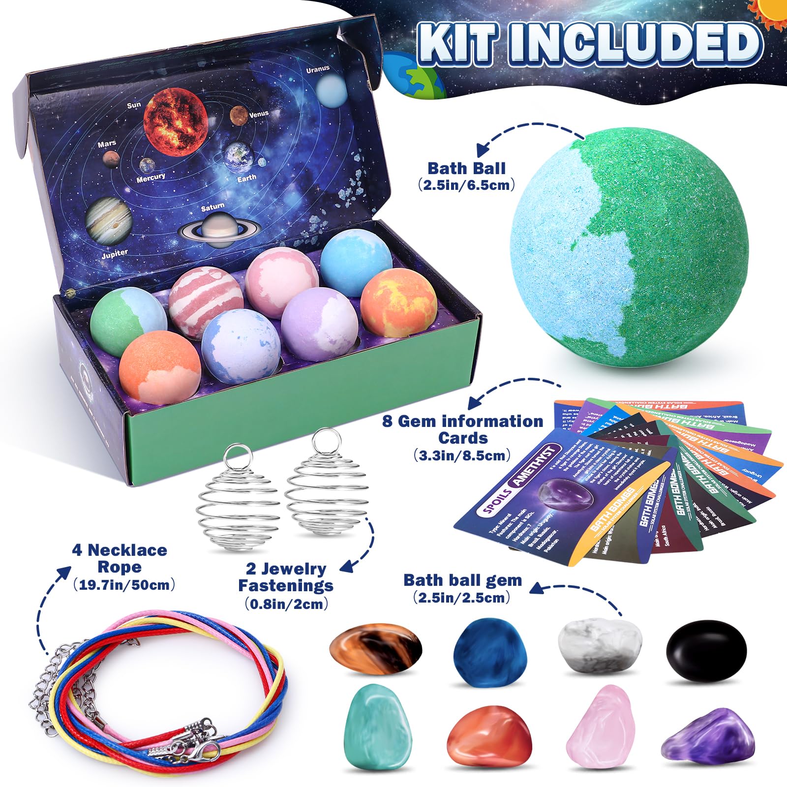 Toylink Galaxy Bath Bombs planet variety shows eight colored spheres for vibrant water color fun.