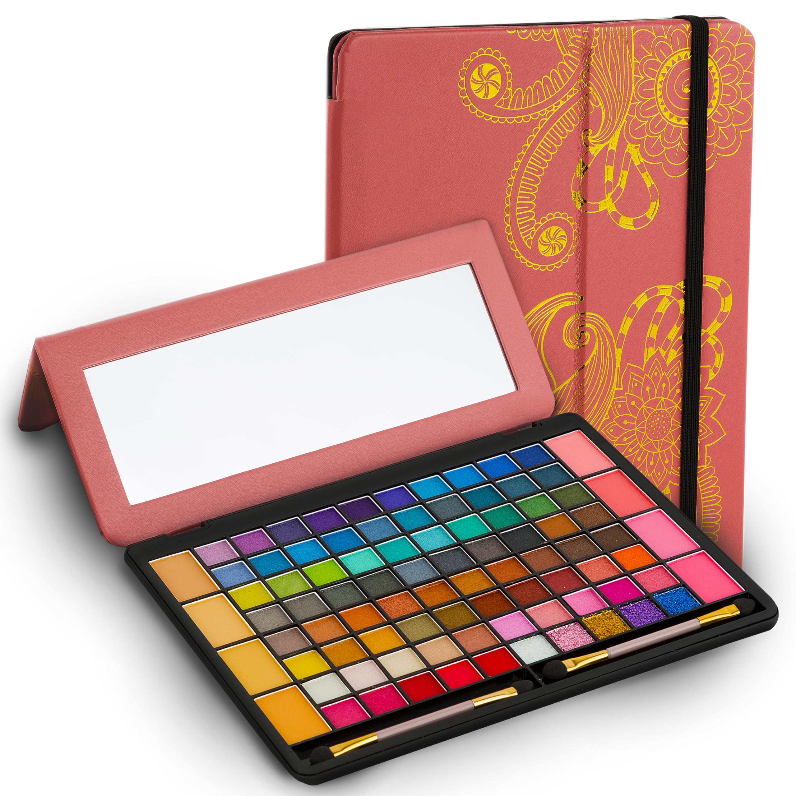 Toysical All In One Makeup Kit leather case open reveals organized makeup for on-the-go use.