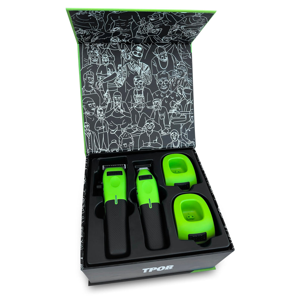 TPOB Play Barber Clippers green complete kit shows full barber setup