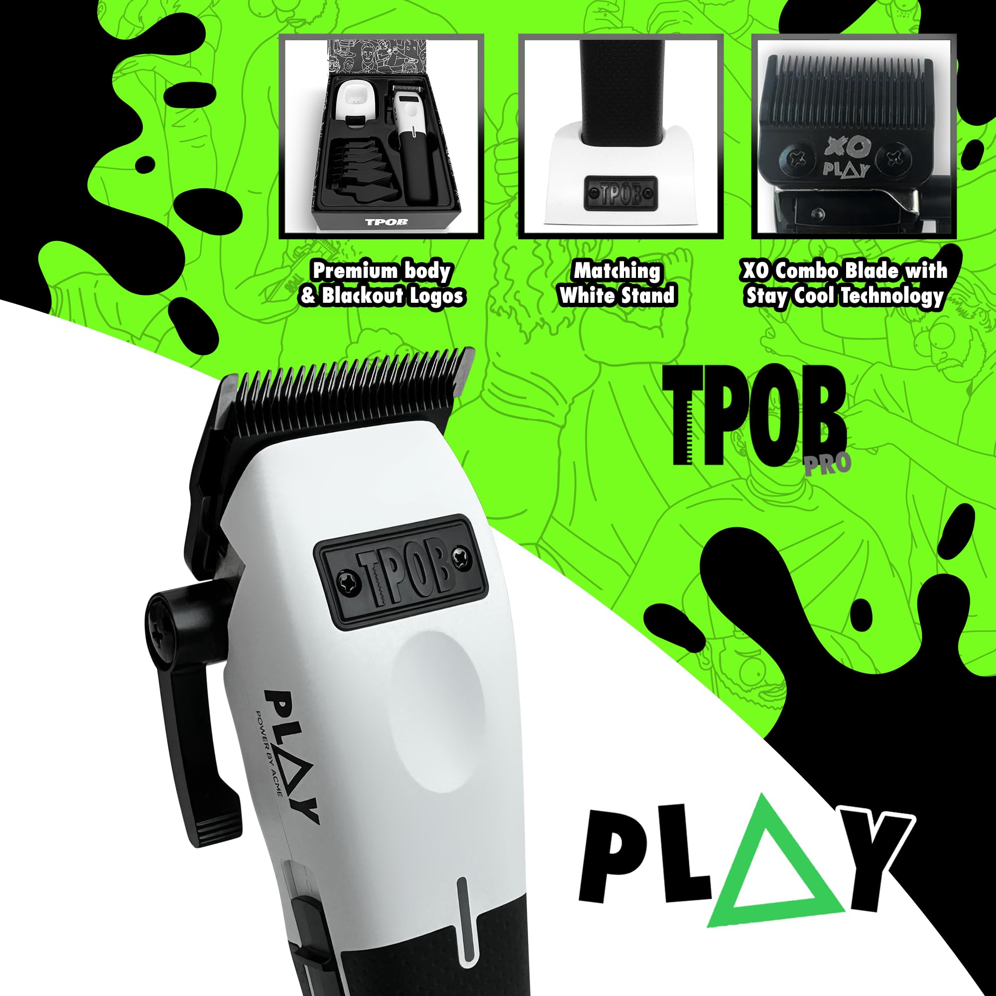 TPOB Play Barber six black guide combs included for versatile lengths.