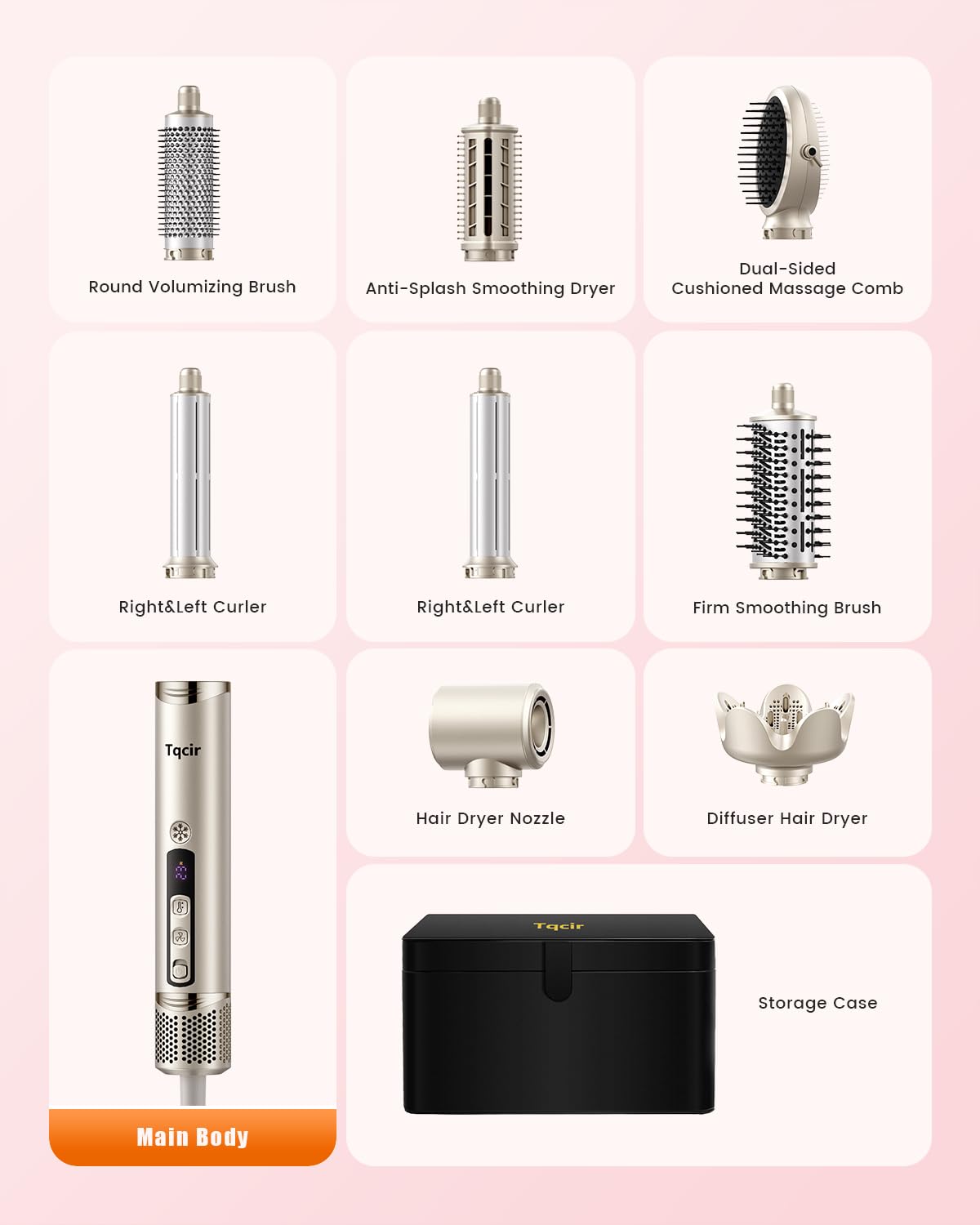 Tqcir accessory kit includes brushes and curlers for versatile at-home looks.