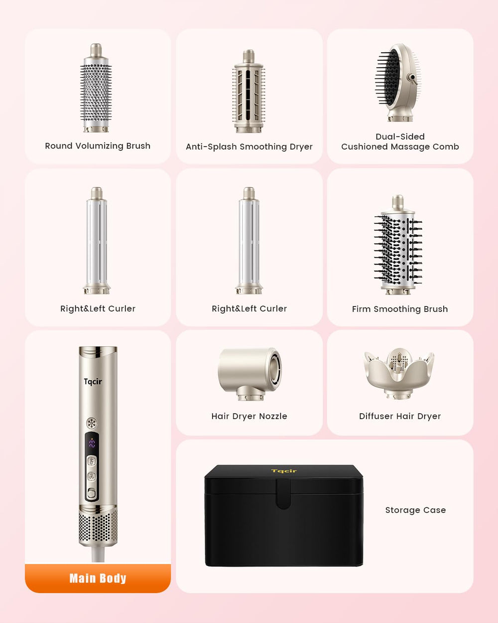 Tqcir accessory kit includes brushes and curlers for versatile at-home looks.